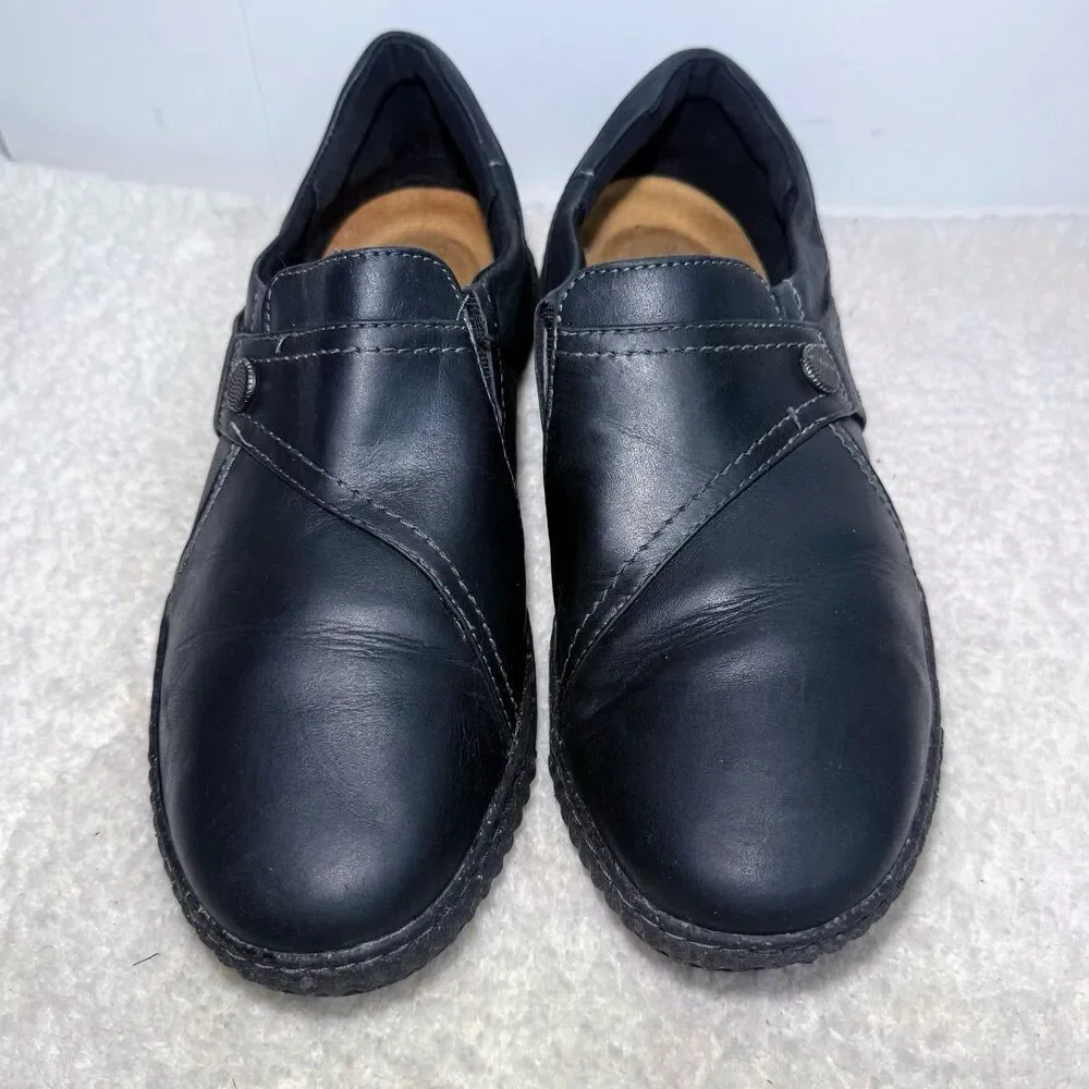 Clarks Leather Shoes Women's 11 Black Caroline Pearl Pull On Loafers Cushioned